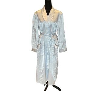 VTG Lindsey Blake Ice Blue Striped Satin Robe Long Sleeve Tie Waist Size L